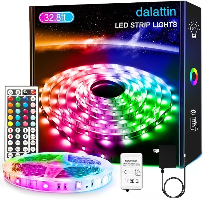 dalattin 32.8ft Led Strip Lights,RGB Led Lights for Bedroom Color Changing Light,Decoration for Bedroom Room Party,Halloween Decor with 44 Keys Remote,1 Roll of 32.8ft by dalattin