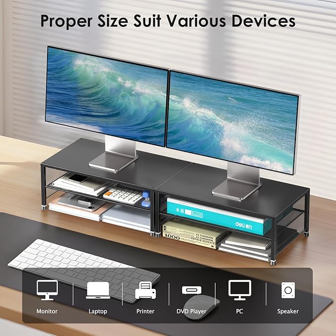 ECOLOVI 2-Tier Computer Monitor Stand Riser, Printer & Laptop Stand, Office Desk Accessories, Workspace Desk Organizer for Home Office Supplies, Black 2-Pack - Image 2