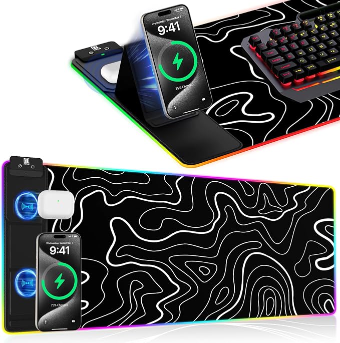XXL Mouse Pad with Phone Holder - Black, RGB Desk Mat with 15W Fast Charging, LED Gaming Mousepad with 11 Light Colors, Waterproof Non-Slip Pad for Office & Home (Topographic) by miroddi