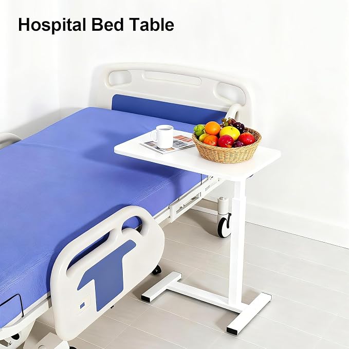 Large Pneumatic Hospital Bed Table,Hidden Wheels Adjustable Height C-Shaped End Table,Overbed Bedside Table with Wheels, Side Table for Sofa & Bedside(15.8''Wx31.5'D'x37.1''H,White) - Image 7