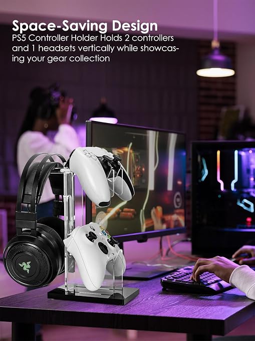 OAPRIRE Acrylic Game Controller Stand for Desk, 2 Tier, Stabilized Base | Controller and Headset Stand, Gamer Gift for PS5 PS4 Xbox Controllers, Desk Accessories, Quick Desk Tidy In Seconds, Black - Image 3