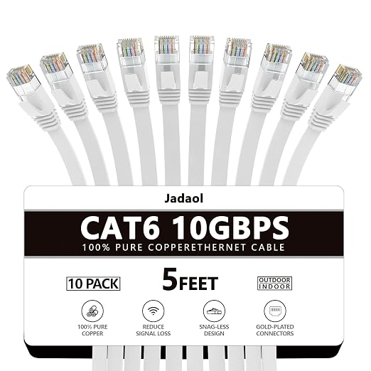 Jadaol Cat6 Ethernet Cable 5FT 10-Pack 10Gbps Flat Network Cable, White by Jadaol