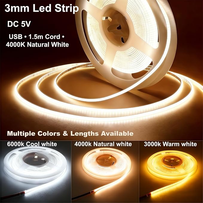 Ultra-Narrow 3mm USB COB LED Strip Self-Adhesive Cabinet Desk Bedroom Light (4000k Natural White, 6ft) - Image 5