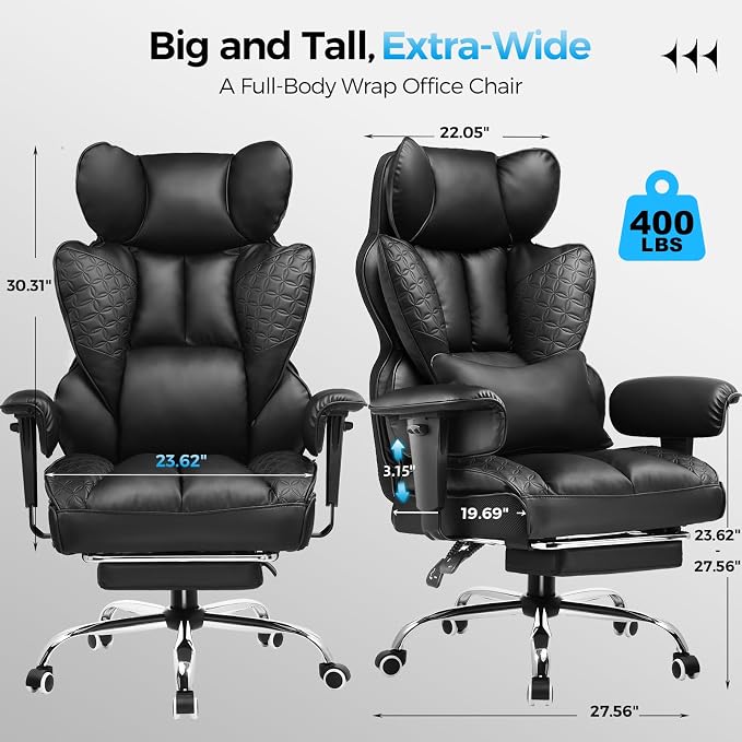 COMHOMA Big and Tall Office Chair Heavy Duty Wide Ergonomic Gaming Chair with Deluxe Embossing Leather with Foot Rest 150°Reclining Adjustable Armrests Pocket Spring Back Support and Without Pillow - Image 2