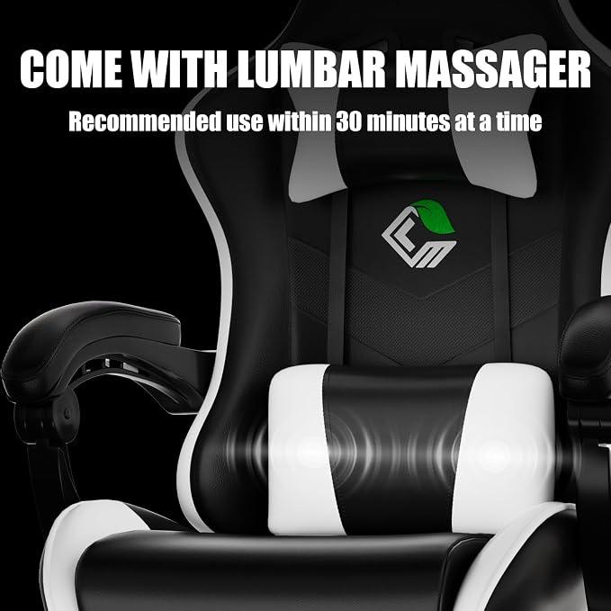 Czlolo Gaming Chair, Ergonomic Office Computer Chair with Footrest and Lumbar Support Massager High Back Video Gamer Chair, Wide＆Thick Cushion, 90°-135° Recline, Adjustable Height, Cloud White - Image 6