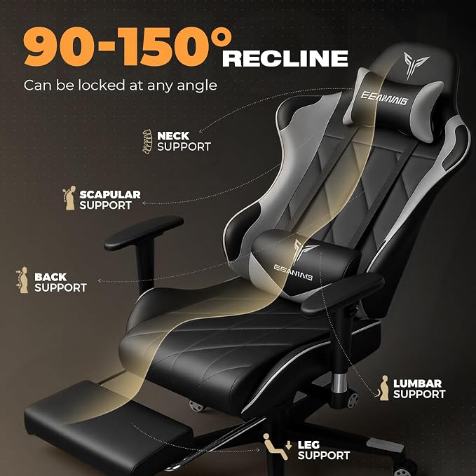Gaming Chair with Footrest, Ergonomic High-Back PU Leather Computer Chair with 3D Adjustable Armrests, Headrest and Lumbar Support, Office Desk Chair with Diamond Stitching for Adults & Teen - Image 5