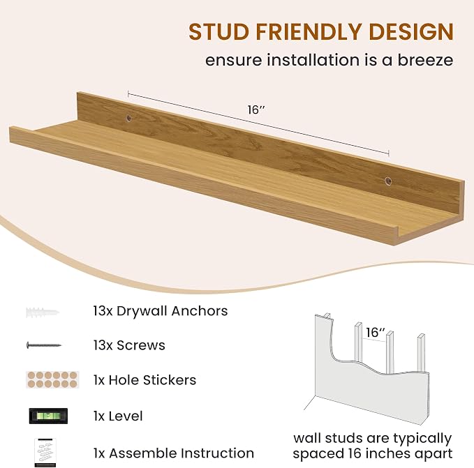 Picture Ledge Shelf, Floating Shelves for Wall Decor, Oak, Set of 6, 24'' - Image 5