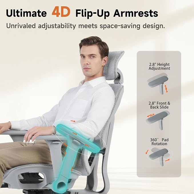 Korser Ergonomic Mesh Office Chair with Footrest, Big and Tall Desk Chair with 4D Flip-Up Arms, Auto-Tracking Lumbar Support, 3D Headrest, High Back Computer Gaming Chair for Home Office, White - Image 4