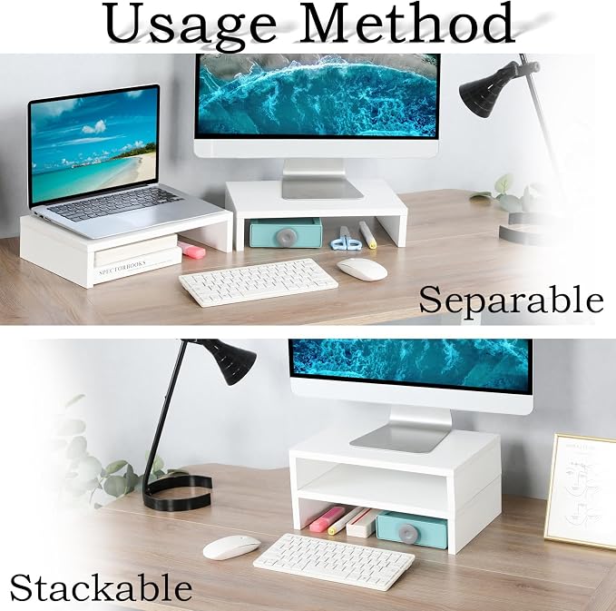 TEAMIX White Monitor Stand Riser, 2 Pack Wood | Dual Stand for 2 monitors. Holds 80 lbs, Stack or Separate Adjustable Use, Fits laptop, TV, PC. For Home Office, Gaming - Image 3