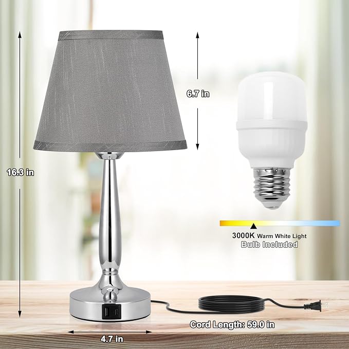 Kakanuo Touch Table Lamp for Bedroom, Small Bedside Lamp with USB C Charging Port, 3 Way Dimmable Touch Control Nightstand Lamp for Living Room and Office, Gray Shade and Silver Base - Image 7