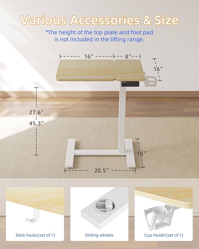 YIHAYO 24 x 16 Inches Electric Adjustable Overbed Bedside Table, Natural - Image 7