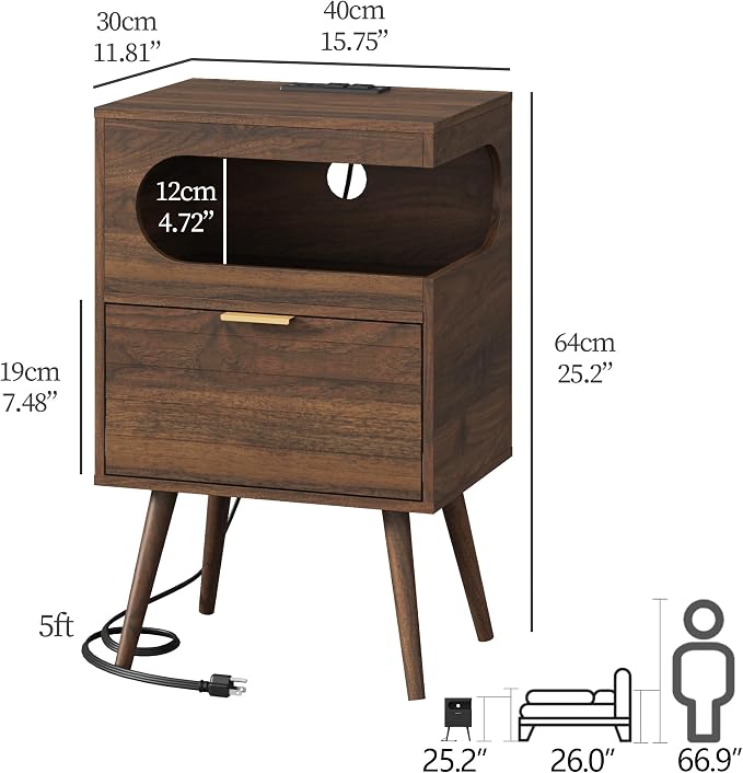 Veegle Nightstand,Modern Bedside Table with Storage Drawer and Open Wood Shelf, Accent Night Stand with Solid Wood Legs for Living Room, Bedroom and Small Spaces,Easy Assembly (Walnut Brown-1) - Image 2