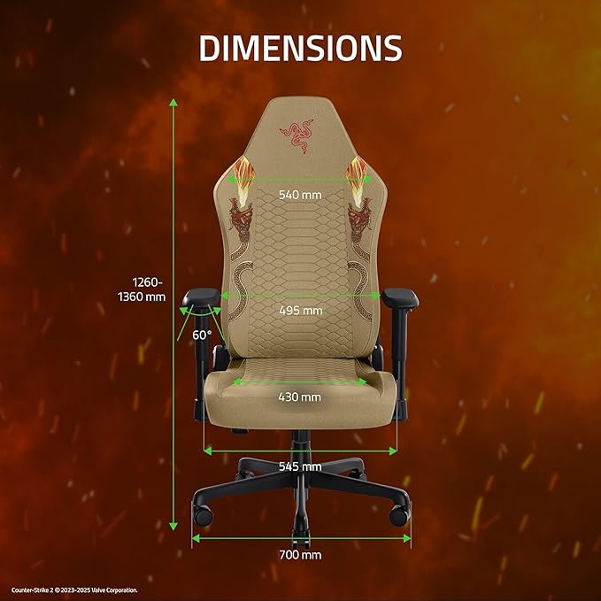 Razer Iskur V2 X Ergonomic Gaming Chair, Counter Strike 2 Edition | Built-In Lumbar Support, Wide Seat, High Density Foam Cushions, Adjustable 152 Degree Recline, 2D Armrests, Plush Fabric - Image 2