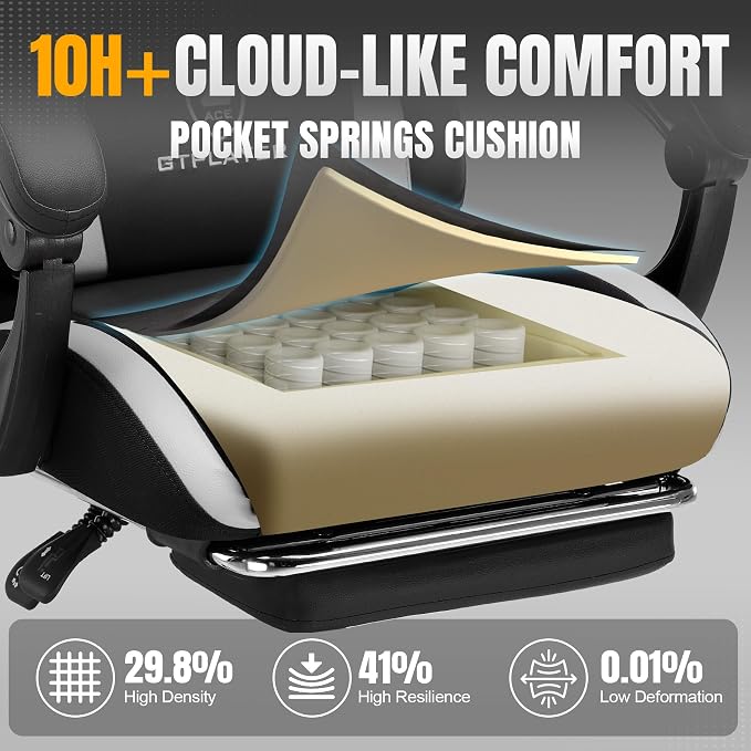 GTPLAYER Gaming Chair with Foot Rest & Pocket Spring Cushion, Ergonomic High Back Computer Chair with Headrest & 360°-Swivel Seat for Home Office Desk, PU Leather, White/Black - Image 4