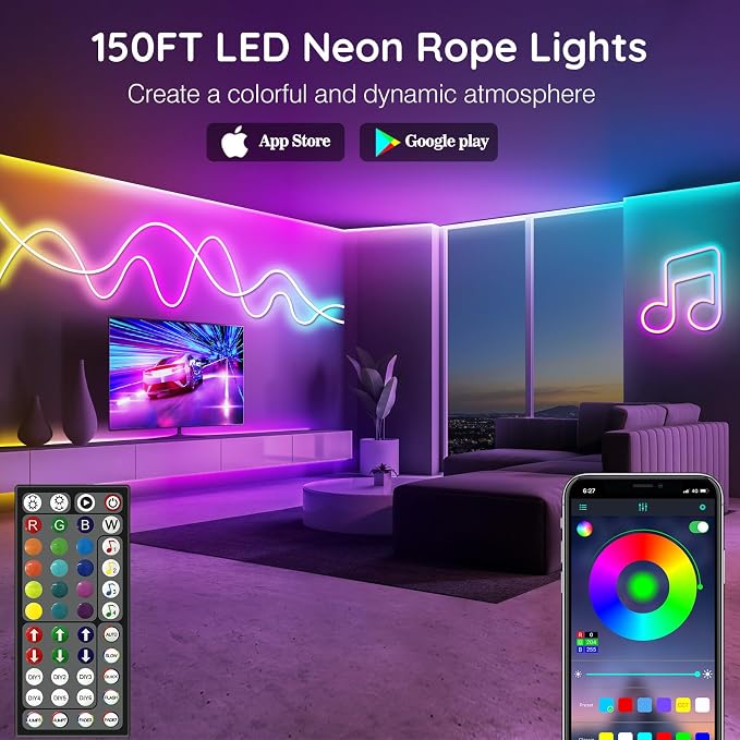 AILBTON 150Ft Neon Rope Lights,Flexible Led Rope Lights Control with App/Remote,Multiple Modes Music Sync Gaming RGB Led Neon Lights for Bedroom Outdoor - Image 2