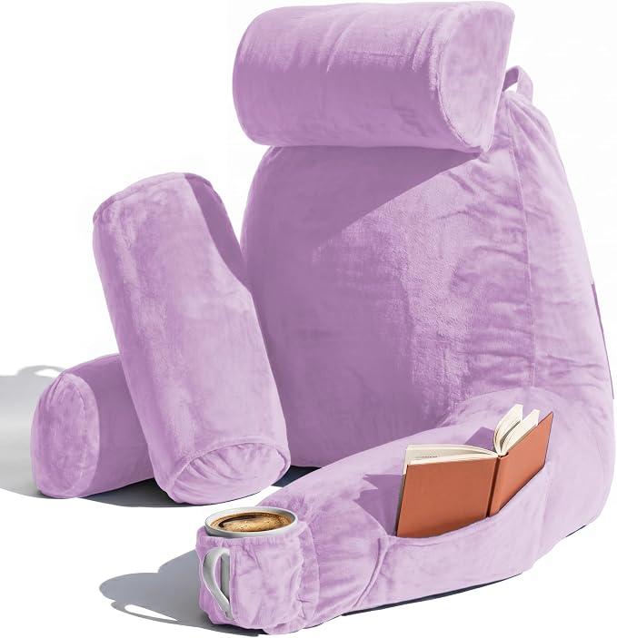 Nestl Reading Pillow with Shredded Memory Foam Includes 2 Neck and Lumber Support Pillows, Designed for Sitting Up in Bed and Couch, Back and Arms Adjustable Support for Adult & Teens, Lavender | 22” Backrest Pillow Includes Neck & Lumber Pillow, Adjus... by Nestl