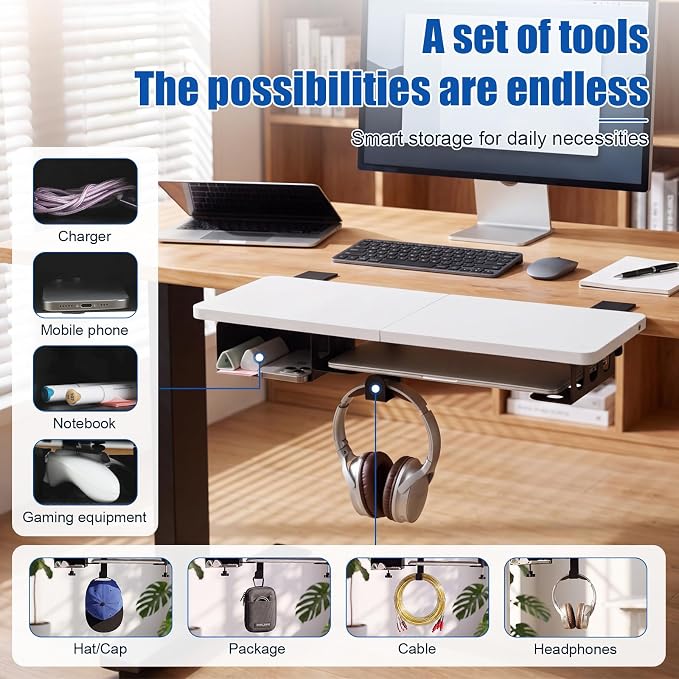 Novabright 24" x 12" Desk Extender Tray with Side Storage Rack Heavy Duty Desk Extender Under Desks Laptop Mount Keyboard Extenders for Desks with a Concealed Storage Area for Cable & Earphone (White) - Image 5