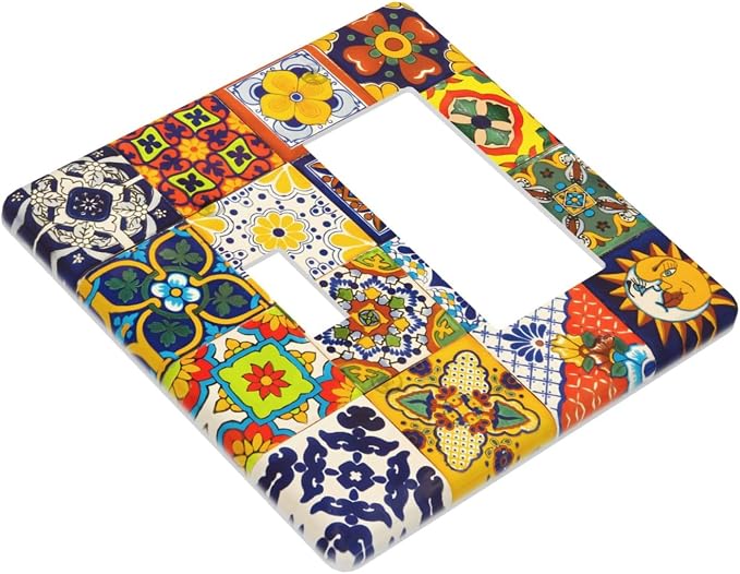 Decorative Outlet Covers Vintage Traditional Colorful Mexican Talavera Tiles Style 2-Gang Combo Light Switch Cover Plate Single Toggle/Rocker Wall Plate Plug Switch Plate Covers Bedroom Decor - Image 3