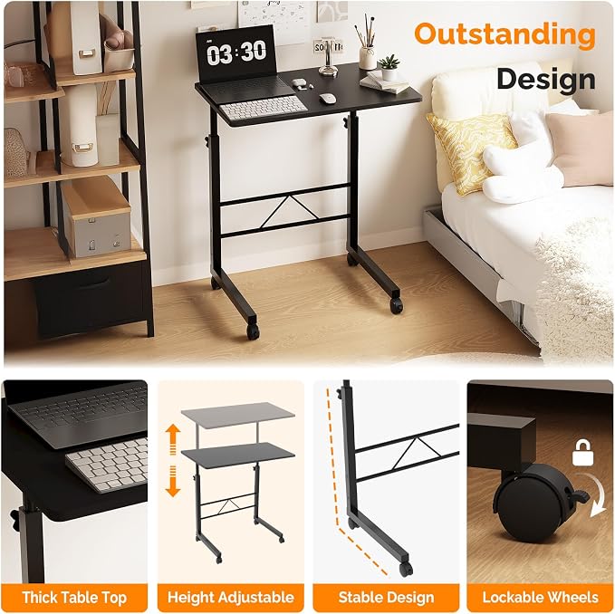 FCH Computer Workstation, Standing Desk Adjustable Height, Small Computer Desk w/Rolling, Sit Stand Laptop Desk TV Tray Computer Workstation for Bed Sofa Hospital Reading Eating, 23.6", Black - Image 4