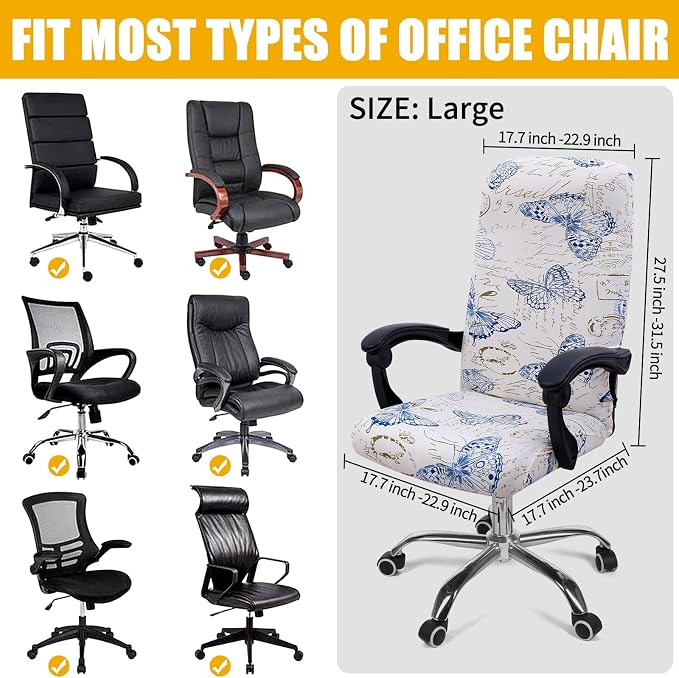 Smiry Office Computer Chair Cover with Armrest Covers, White | Stretch Printed Universal Removable Washable Desk Rotating Chair Slipcovers, Soft Anti-Dust Spandex Protector with Zipper - Image 4