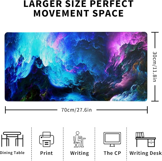 Dazzling Galaxy Gaming Mouse Pad 27.6x11.8 Inch Blue Purple Galaxy Nebula Universe Space Large Mousepad Non-Slip Rubber Base Stitched Edges Keyboard Mouse Mat Desk Pad for Office Home and Game - Image 2