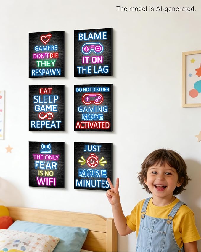 KUVIOKE Video Gamer Room Neon Decor for Teen Boys Gaming Wall Art Gamer Signs Teenage Bedroom Decor Set of 6, 8x10in (Framed) - Image 6