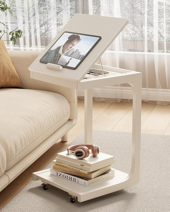 AQIMUELE Wooden C-Shaped End Table,Couch Table with Adjustable Desktop,Small Rolling Side Table with 2 Lockable Wheels,Small End Table for Couch, Living Room,Bedroom (White) by AQIMUELE