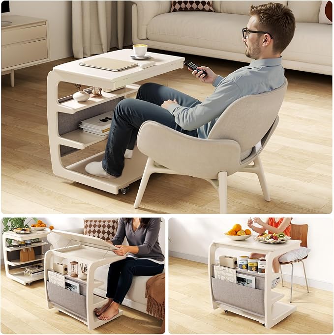 AQIMUELE Rolling Side Table, C Shaped End Table, C Table with 4 Wheels Solid Wood Small Rolling Desk with Adjustable Desktop,C Shaped End Table for Couch,Home Office(15.6" D x 23.6" W x 24.3" H) - Image 7
