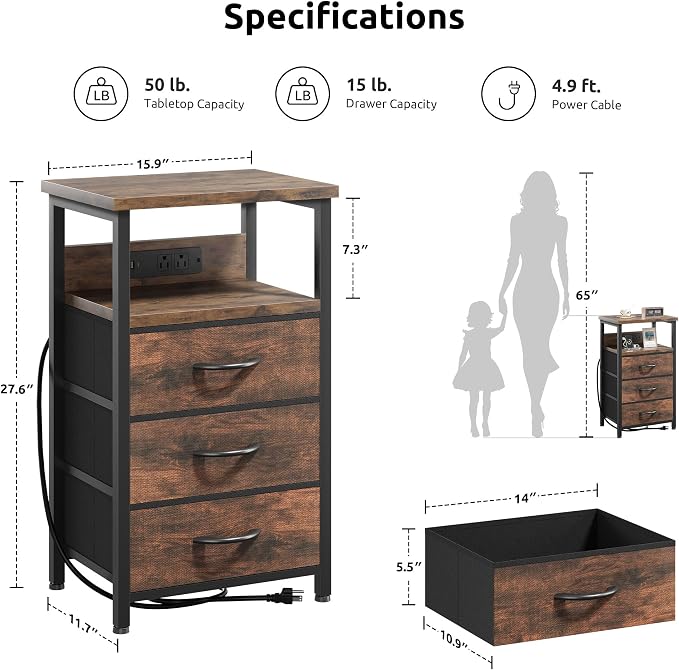 Lazzanto Night Stand with Charger Station, 3 Fabric Drawers, Brown - Image 2
