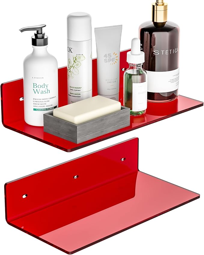 Sezanrpt 12 Inches Red Small Wall Shelves, Acrylic Bathroom Floating Shelves for Living Room, Bathroom, Bedroom, 2 Pack by Sezanrpt