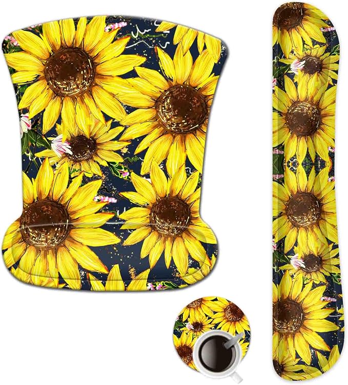 ToLuLu Keyboard Mouse Pad Wrist Rest Set, Gel Ergonomic Mouse Pads for Computer Laptop Office Home, Comfortable Mousepad Keyboard Wrist Support Memory Foam for Easy Typing Pain Relief, Nice Sunflower by ToLuLu