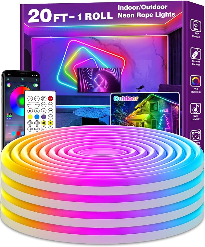 AILBTON 20Ft Neon Rope Lights,Flexible Led Rope Lights Control with App/Remote,Multiple Modes Music Sync Gaming RGB Led Neon Lights for Bedroom Outdoor by AILBTON