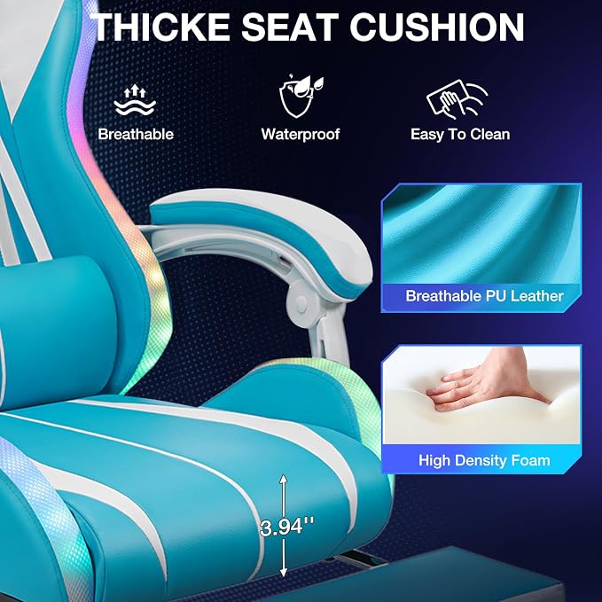 RGB Gaming Chair with LED Lights Massage Ergonomic Computer Chair-Sky Blue | High Back Video Game Chair with Footrest & Adjustable Lumbar Support Gamer Chairs for Adults Racing Style Recline - Image 7