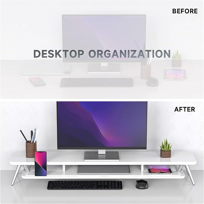 Fenge Dual Monitor Stand Riser, Wooden Desk Shelf with 2-Tier Storage | 42.5-Inch Wide, Sturdy Aluminum Legs, Built-In Phone & Tablet Slot, Desktop Organizer for Office Accessories - Image 6