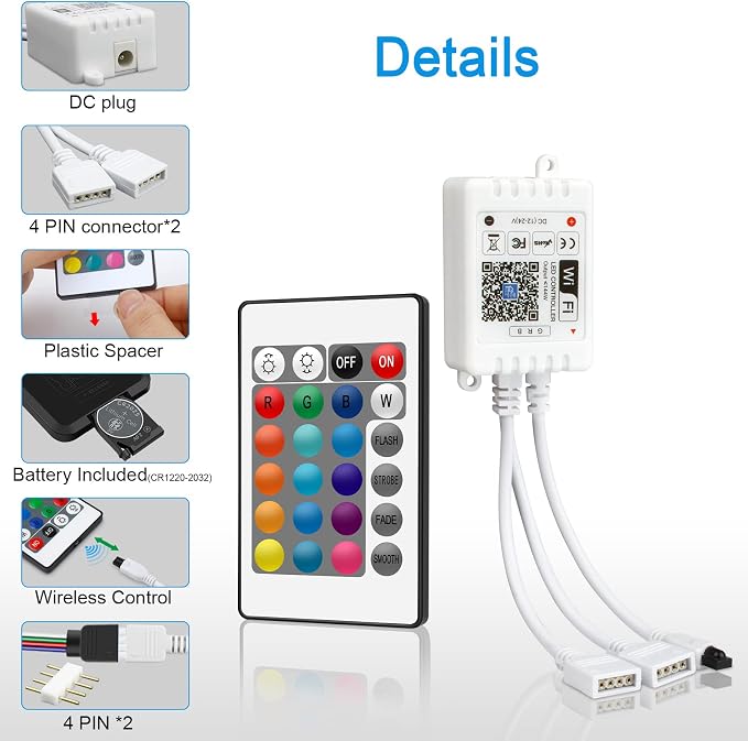 Smart WiFi RGB LED Light Strip Remote Controller, 24 Key Wireless Control - Image 9