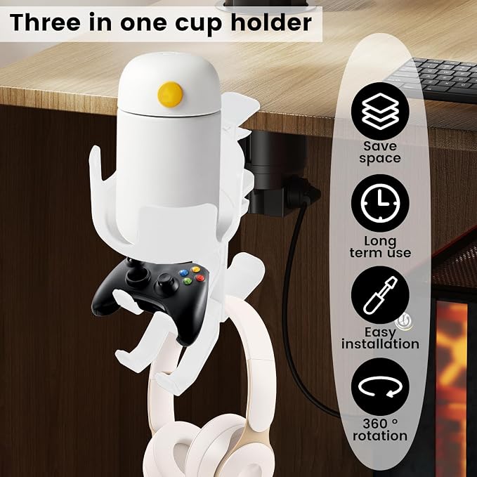 4 in 1 Desk Cup Holder with Headphone Hanger and Controller Stand Gaming Accessories, Under Desk Clamp Rotatable Headset Holder,Adjustable&Rotating Upgraded Arm Clamp,Desk Controller Holder (White) - Image 3