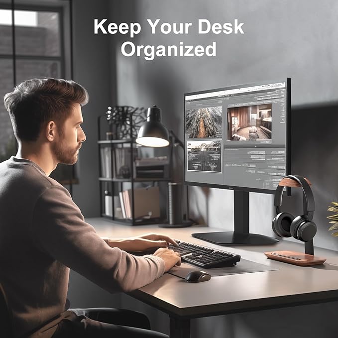 UPERGO Walnut Headphone Stand, Wood Headset Holder with Storage for Desk | Solid Walnut & Aluminum, Anti-Slip Base, Universal for Gaming Headsets & AirPods Max, Extra Storage Tray - Image 3