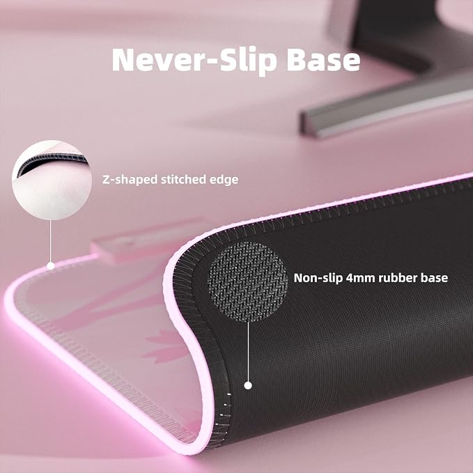 Pink RGB LED Gaming Mouse Pad, 14 Modes Glow Pad, Extra Large Gaming Mousepad,Waterproof Rubber Non Slip Cute Sakura Mat, Extended Big Keyboard and Mouse Pad Mat for Gamer Office Home, XXL 800×300×4mm - Image 6