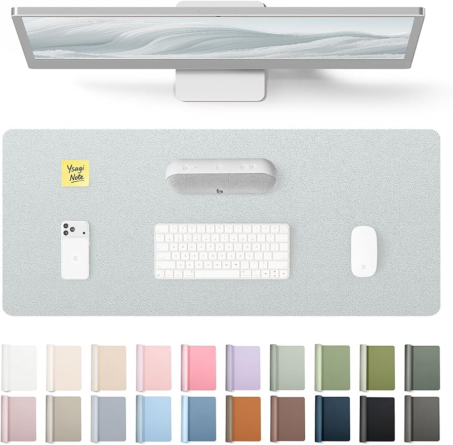YSAGi Leather Desk Pad Protector, Office Desk Mat, Large Mouse Pad, Non-Slip PU Leather Desk Blotter, Laptop Desk Pad, Waterproof Desk Writing Pad for Office and Home (Silver, 23.6" x 13.8") by YSAGi