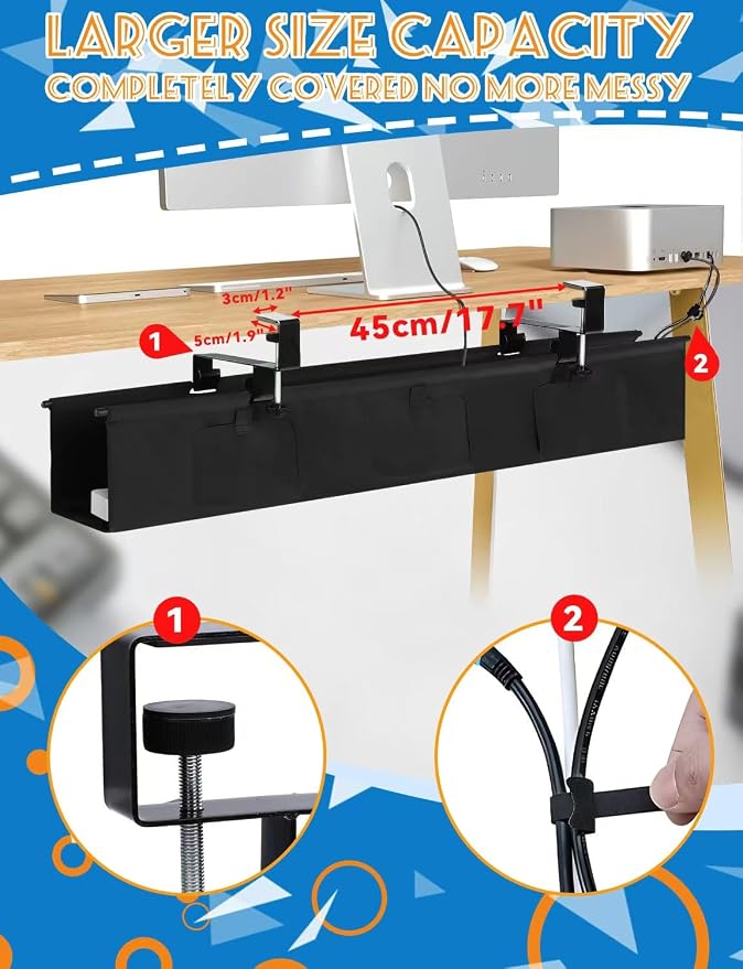 No Drill Under Desk Cable Management Tray - 36" Under Desk Cord Organizer,Clamp/Screw Mount Cable Management, Premium Fabric Cord Hider for Wire Organizer for Office, Home - Image 6