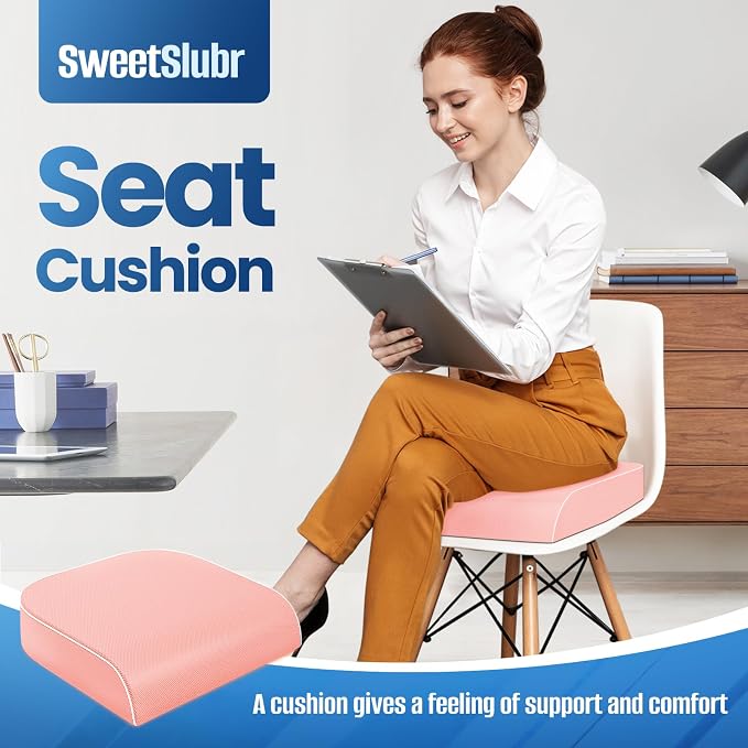 SweetSlubr Seat Cushion, Chair Pad, Memory Foam Tailbone Pain Relief | Office Chair Cushion for Tailbone Pain Relief, Non-Slip Cover, Soft Support for Office Chair, Car Seat, Airplane,X-Large/Pink - Image 3
