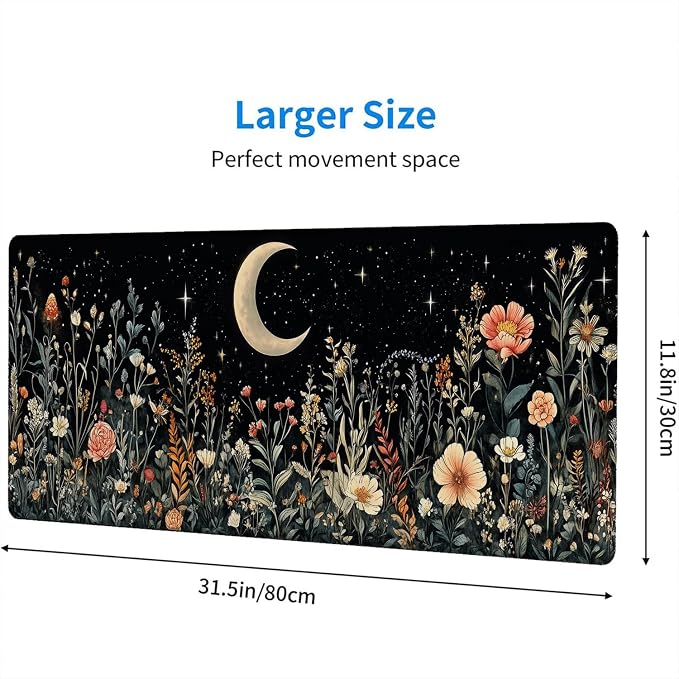 Cute Mystical Plants Desk Pad Whimsical Moon Stars Extended Gaming Mouse Mat with Stitched Edge Non-Slip Base - Big Office Computer Keyboard Laptop Home - 31.5"x11.8" - Image 2