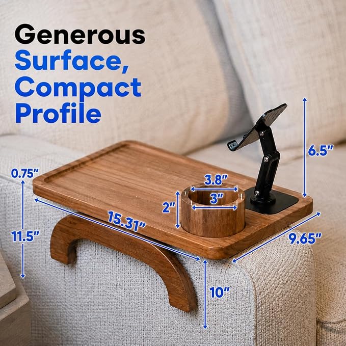 Couch Armrest Table with Cup Holder (15.31" x 9.65") - Acacia Sofa Arm Tray Organizer with Magnetic & 360° Rotating Phone Holder - Fits Couch Arm for Drinks, Snacks & Remote Control - Image 2