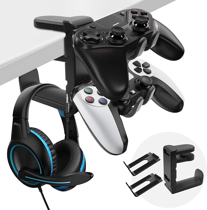 3 In 1 PC Gaming Headphone & Controller Stand Holder, Clamp On Headset Hanger with 360° Rotation Hook, Under Desk Cable Clip Organizer Earphone Storage Rack, Universal XBOX PS5 PS4 Switch Gift, Black by Unknown