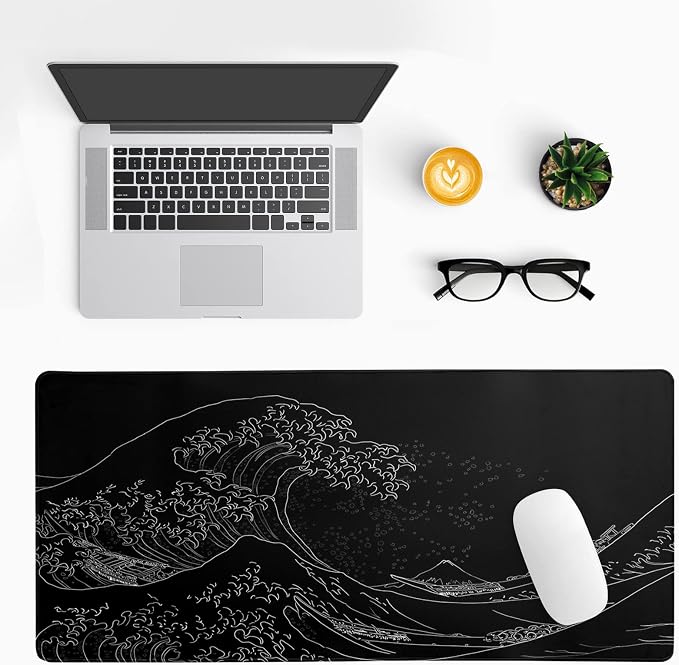 Brecoy Japanese Sea Wave Large Mouse Pad, Anime Black Gaming, Extended Kanagawa Mat Desk Pad, 3mm Thick Long Non-Slip Rubber Base Mice Pad, 31.5 X 11.8 Inch - Image 3