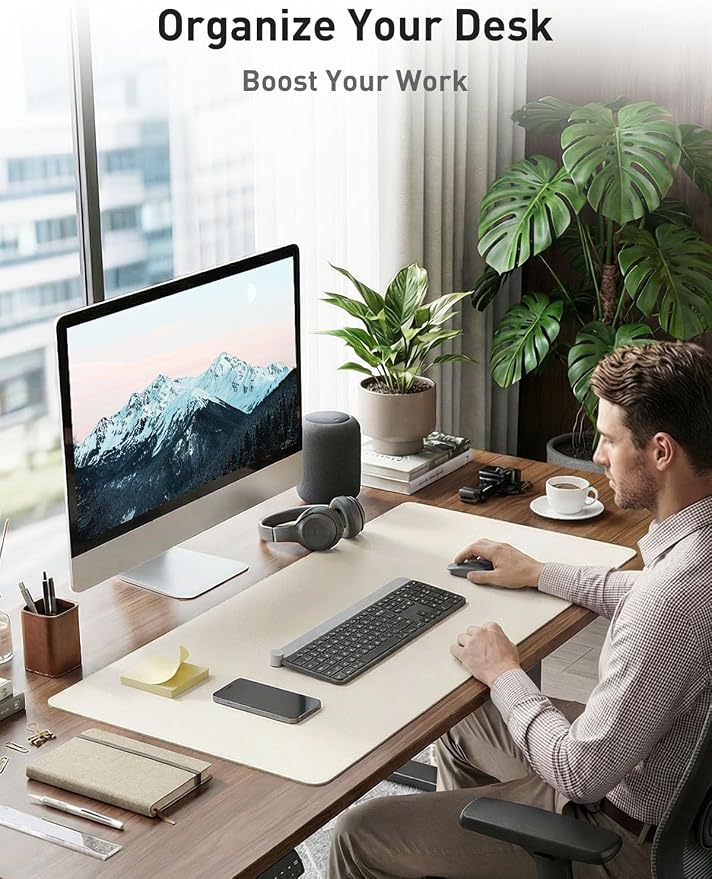 Aothia Faux Leather Desk Mat - Non-Slip PU Leather Desk Blotter, Waterproof Writing Surface, Large Desk Pad for Office & Home (Off-White, 55" x 24") - Image 3