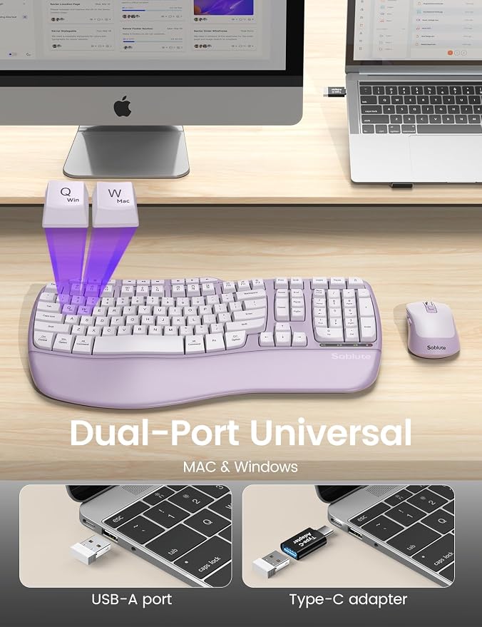 Purple MA31 Ergonomic Wireless Keyboard and Mouse Combo, Full Size Wave Key - Image 7