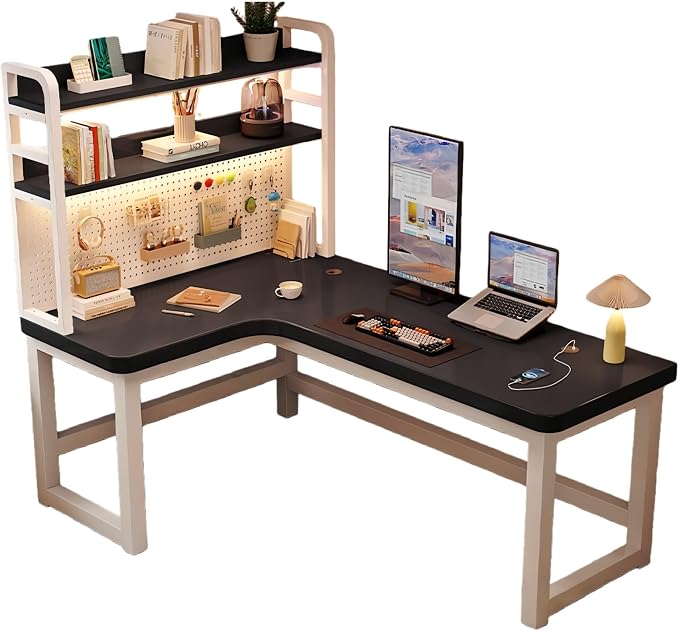 Modern L-Shaped Gaming Desk with DIY Pegboard, Corner Computer Table with Bookshelf and Storage Shelves, Sturdy White Metal Frame, Writing Workstation for Small Spaces(Black,Left,70.9in) by Unknown