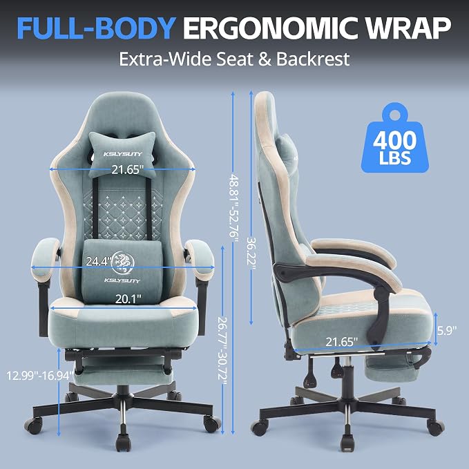 Desk Computer Gaming Chair - Ergonomic Game Office Chair with Extended Footrest and Massage Lumbar Support, Home Gamer Video Game Chairs with Spring Cushion for Adults (Pro Blue Fabric) - Image 2