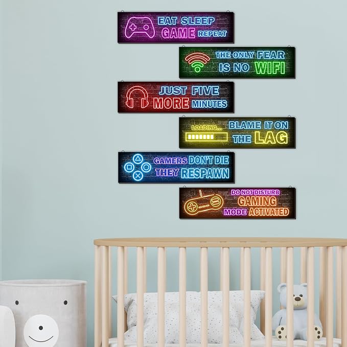 6 Pcs Neon Gaming Decor for Boys Room Wooden Video Game Wall Art - Wall Decor for Boys Kids Room Bedroom Playroom Decorations - Image 3